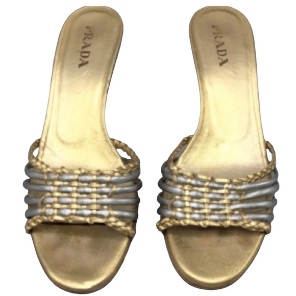 PRADA Gold/Silver Woven Sandals Size 7 - Picture 2 of 8